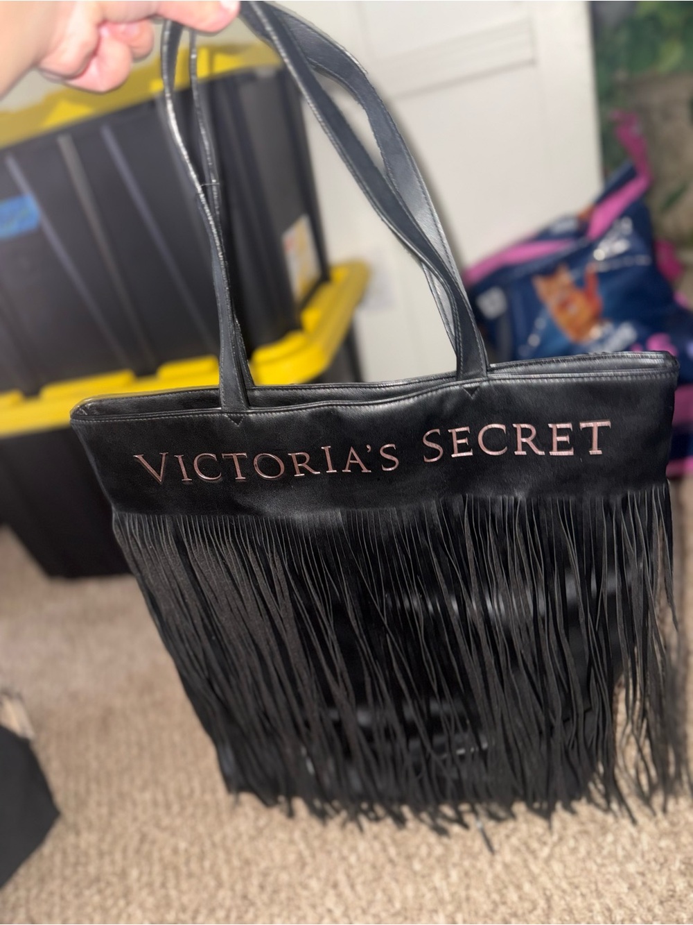 Victoria's Secret Black Fringe Tote with Rose Gold Logo